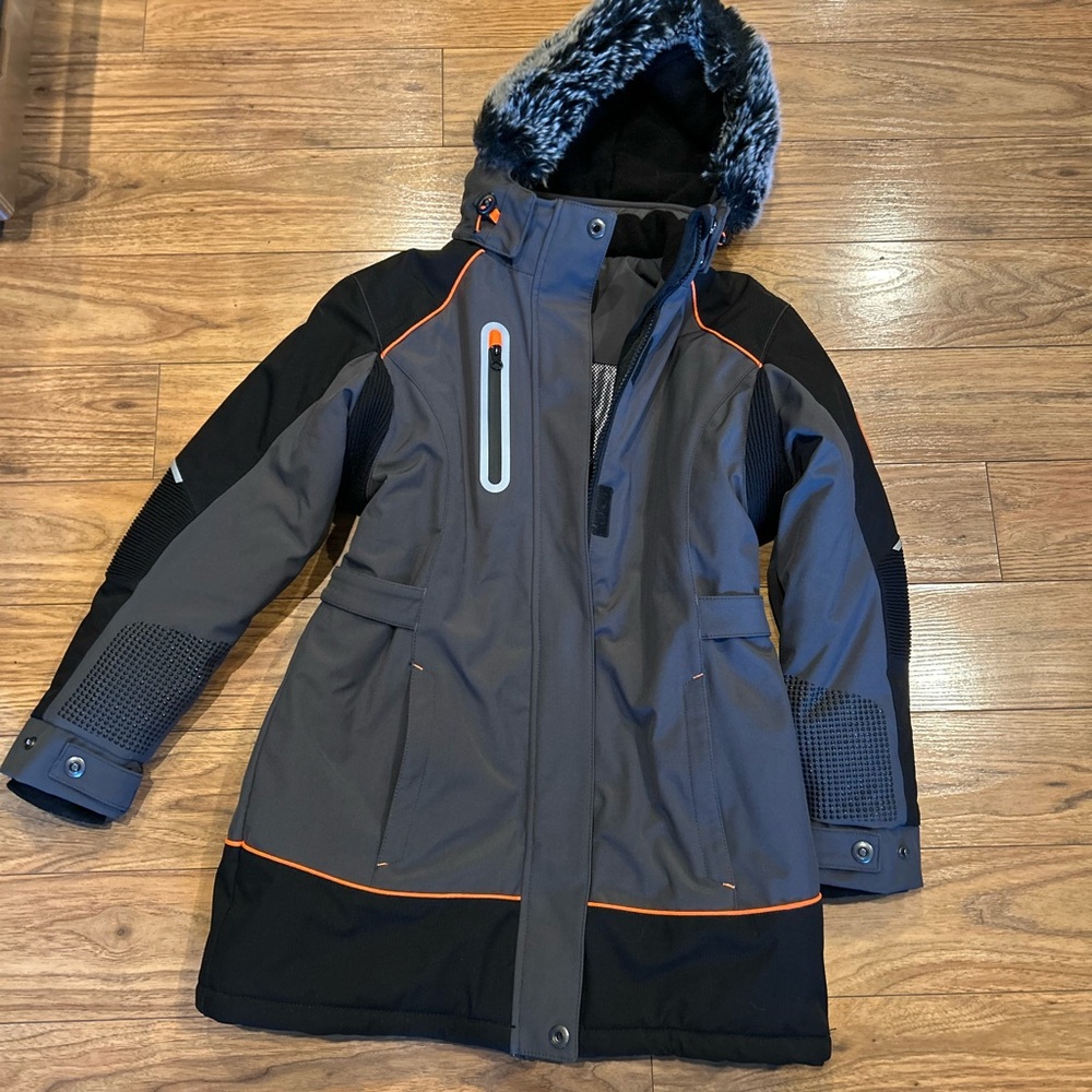 Women's Black and Gray Ski Jacket with Orange Accents